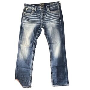 Salvage Mayhem Straight Leg Jeans Mens 36x32 Regular Fit Buckle Exclusive Blue